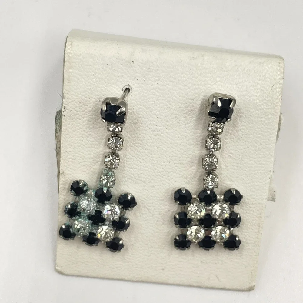 Vintage‎ Silver-Tone Glamour Prong Rhinestone Beads Checkerboard Dangle Earrings